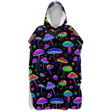 Imagem de Joisal Roupão para adultos, poncho de surfe, com capuz, toalha de praia, impressão, absorvente, néon, desenho animado, cogumelos, poncho masculino com capuz
