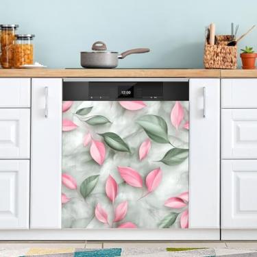 Imagem de Capa magnética para porta de máquina de lavar louça, mármore, ciano, folhas rosas, ímã reutilizável 58 x 66 cm