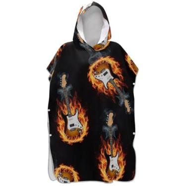 Imagem de Joisal Cool Guitars Fire Black Surf Poncho Adulto Trocador Roupão com Capuz Toalha de Natação Bonito Reutilizável Feminino Ponchos com Capuz