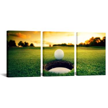 Imagem de KREATIVE ARTS Arte de parede em tela de bola de golfe perto do buraco 30,5 x 40,6 x 3 cm painéis grama verde pôr do sol campo de golfe decoração de parede inspirada em atletismo para escritório, sala