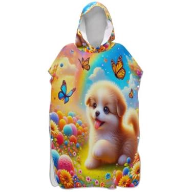 Imagem de Joisal Lindo poncho de surfe de flores de cachorro de desenho animado para adulto roupão de banho toalhas com capuz vestíveis unissex poncho adulto com capuz