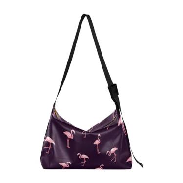 Imagem de Bolsas Hobo de couro com listras de flamingo para mulheres, bolsas masculinas grandes com estampa de animal, bolsa de ombro, Design flamingos rosa preto