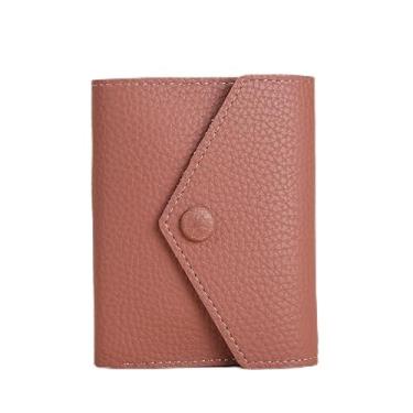 Imagem de Carteira feminina de couro genuíno com dobra dupla/tripla - Suporte minimalista para cartão de crédito com bloqueio de RFID e bolso para moedas, rosa, Casual