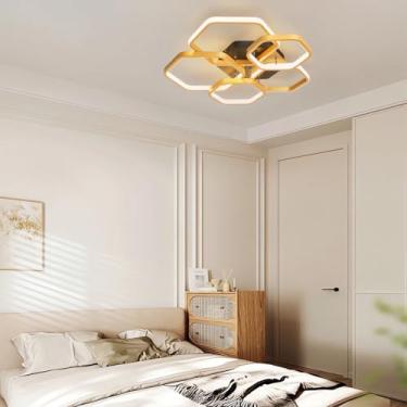 Imagem de Luminária de teto LED moderna, dimerizável, com controle remoto, 52W/80W, dourada e preta, formato hexagonal, para quarto, sala de jantar e escritório (dourada, 5 lâmpadas).