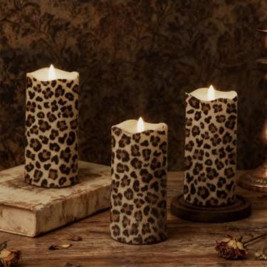 Imagem de Whaline 3 peças de velas LED sem chama, estampa de leopardo, pilar, velas para festa de casamento, decoração de mesa de casa