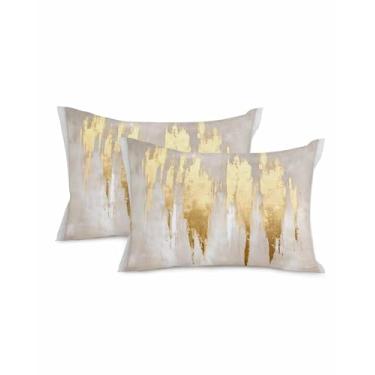 Imagem de Capas de almofada lombar 50 x 30 cm conjunto de 2 almofadas decorativas de linho arte abstrata fronhas bloco dourado almofadas para sofá, quarto, cadeira, jardim, interior, exterior, decoração de casa