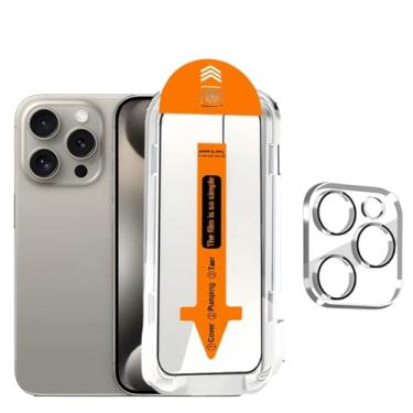 Imagem de Protetor de tela para iPhone 15 Pro Max [6,7 polegadas] vidro temperado + protetor de lente da câmera, tecnologia de alinhamento automático, sem bolhas, compatível com capas, antiarranhões [1 + 1