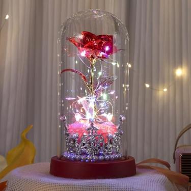 Imagem de Strackvial Dia dos Namorados para mulheres, rosa eterna iluminada com coroa de prata, rosas vermelhas artificiais de LED na base vermelha, presente de aniversário para mãe, esposa, namorada (vermelho)