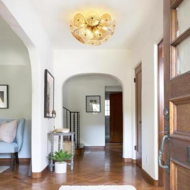 Imagem de Luminária de teto moderna e elegante dourada E14, em formato de dente-de-leão, estilo nórdico, lustre de vidro ideal para sala de estar, quarto, hall de entrada, cozinha e quarto infantil.