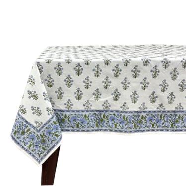 Imagem de Ridhi Toalha de mesa retangular de algodão com estampa de bloco de mão Morning Dew 274 cm x 178 cm capa de mesa reutilizável decorativa para uso diário para jantar, fazenda, casa, festa, festivo