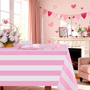 Imagem de Toalha de mesa listrada rosa e branca para o dia dos namorados – Toalha de mesa impermeável 127 x 300 cm, capa de mesa retangular de poliéster para aniversário, casamento, chá de panela, banquete