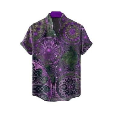 Imagem de Camisa Casual Confortável De Linho Com Estampa Tribal Retro Para Homen