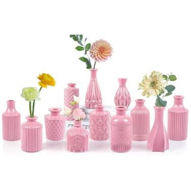 Imagem de UPBUD Conjunto de 12 vasos de vidro rosa bebê, mini vaso de flores para centros de mesa, vasos pequenos a granel para decoração de casamento, vaso vintage para centro de mesa de chá de bebê, decoração