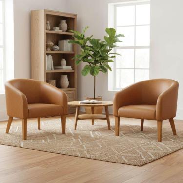 Imagem de Poltrona Sala Decorativa Kit 2 Stella Pé Madeira Trapézio Castanho Sintético Pu Whisky D03 - D'rossi