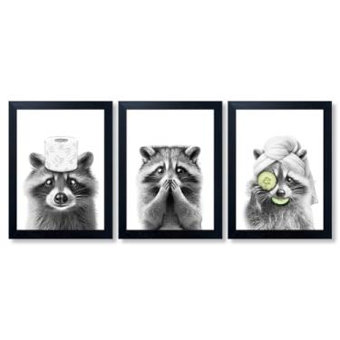 Imagem de Arte de parede de banheiro emoldurada decoração de parede guaxinim 3 peças preto e branco imagem de impressão animal linda pintura de banheiro pôster de papel higiênico