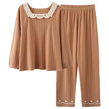 Imagem de HHHJQFAAT Conjunto de pijama para mulheres, calças compridas, manga comprida, outono, roupa de dormir, roupa de casa para meninas (laranja grande)