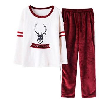 Imagem de Pijama feminino de flanela quente de inverno com desenho animado manga comprida gola redonda casual macio plus size pijama de lã coral (vermelho grande)