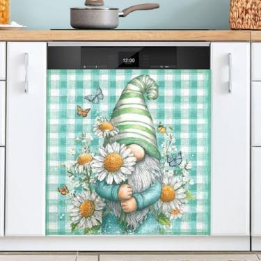 Imagem de Capa de ímã de máquina de lavar louça com estampa de flores verdes de gnomo de primavera de primavera decorativa reutilizável para armários painel eletrodomésticos 58 x 66 centímetros