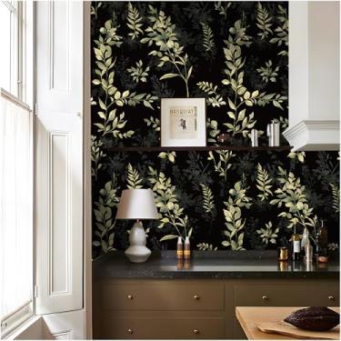 Imagem de Floralplus Papel de parede removível preto removível folha boho escuro papel de parede texturizado amigável para quarto papel de parede para quarto papel de contato para armário bancada 44,5 x 299,7