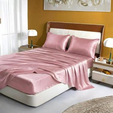 Imagem de Jogo de Lençol Cetim Casal King 4 Peças Lençol com Elástico e Fronhas 