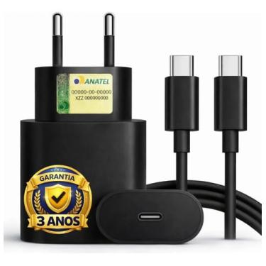 Imagem de Carregador Turbo Compativel c/Samsung Galaxy, Motorola, Novo Iphone 15/16/17 - Fonte 25W Ultra,Carregamento Rápido, Tipo C + USB, Acompanha Cabo Tipo C, para Android/IOS - Certificado Premium Black