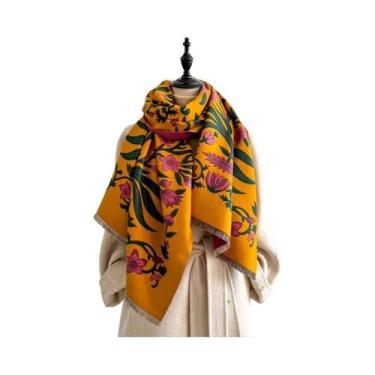 Imagem de Cachecol De Cashmere Com Estampa Floral Para Mulheres, Xale Com Franja