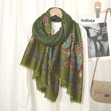 Imagem de Xale De Inverno Com Estampa Azteca Floral E Franjas, Pashmina 180x90cm
