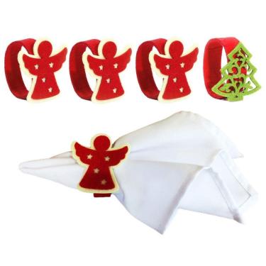 Imagem de Jogo Porta Guardanapo Decorado Natal Anjo e Pinheiro Verde Anel 4 Peças - Magizi