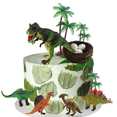 Imagem de 18 peças de enfeites de bolo de dinossauro com ovos de dinossauro, folhas de árvores, decorações de bolo para festa de aniversário, festa temática de dinossauro