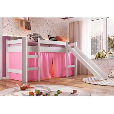 Imagem de Cama Elevada Com Escada Escorregador E Cortina Rosa - Completa Móveis