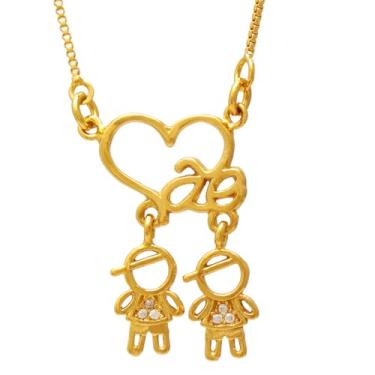 Imagem de Colar de Filhos Mãe de Dois Meninos e Coração Folheado em Ouro 18K SoftJoias