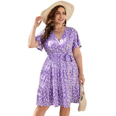 Imagem de KOJOOIN Vestido feminino plus size com decote em V, cintura alta, manga curta, babados, casual, verão, midi com cinto, Manga curta flor roxa, 4G