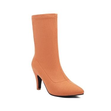 Imagem de JooJaky Bota feminina fashion bico fino cano curto stilettos cor sólida meia botas, Laranja, 39