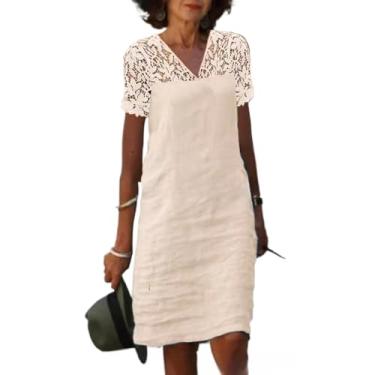 Imagem de Vestidos femininos 2024 renda patchwork decote em V sólido algodão linho vestido casual, Bege, 3G
