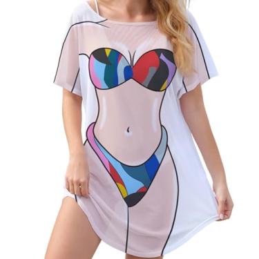 Imagem de Seizesoul Camisa feminina de malha estampada no corpo do biquíni camiseta de praia manga curta, Multicolorido., Large