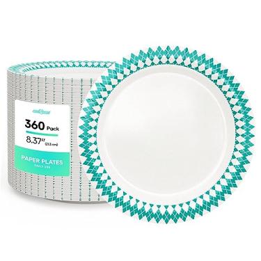Imagem de JOLLY PARTY Pratos de papel descartáveis de 21,3 cm, pratos de papel de jantar de 360 unidades, pratos descartáveis à prova de imersão, placas de papel à prova de corte para uso diário, design de aro
