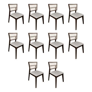 Imagem de Kit 10 Cadeiras de Jantar Manuela em Tela Assento Veludo Bege Base em Madeira Maciça - Castanho