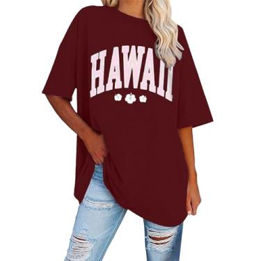 Imagem de Camisetas femininas de verão estampadas com letras Hawall, camisetas casuais, de manga curta, gola redonda, folgada, leve, Vinho, XXG