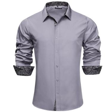 Imagem de Barry.Wang Camisa social masculina resistente à água manga comprida gola patchwork camisa para negócios/casamento smoking regular, Flor preta cinza, P