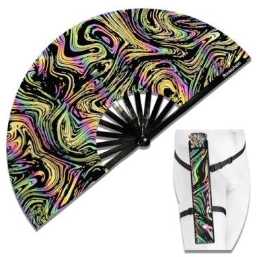 Imagem de Raveahem Lridescent Holográfico Grande Rave Bamboo Dobrável Clack Ventilador de Mão com Coldre para Homens/Mulheres Ventilador Portátil para EDM, Festival de Música, Clube, Freaky, Festa, Dança, Performance, Decoração, Presente