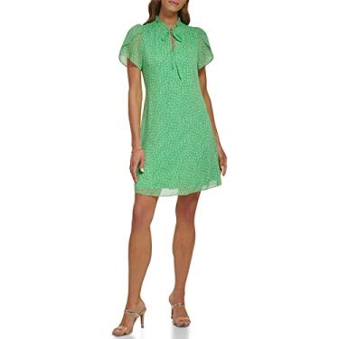 Imagem de DKNY Vestido trapézio feminino com laço frontal e babados, Verde, 36