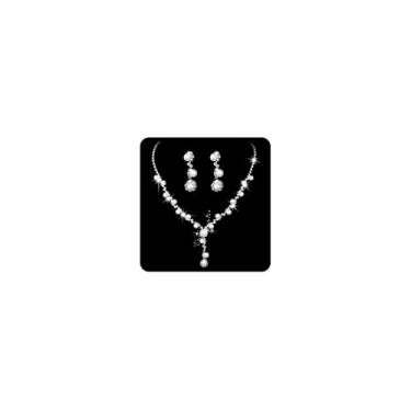 Imagem de Jumwrit Conjunto de colar e brincos de noiva prata cristal strass colar conjunto de brincos pingente moda pérola conjunto de joias de casamento para noiva dama de honra