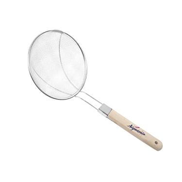 Imagem de SIGNAMIO® Colher de aço inoxidável padrão para serviço pesado, coador de óleo com cabo de madeira em forma de U Jhara, malha, concha, arame, escumadeira, filtro Puri para cozinha - (35 cm) 1 peça