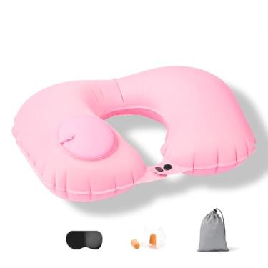 Imagem de Almofada Inflável para Viagem em U com Ajuste de Pescoço, Máscara de Olhos, Protetores Auditivos e Bolsa - Ideal para Avião, Camping, Suporte Lombar e Relaxamento
