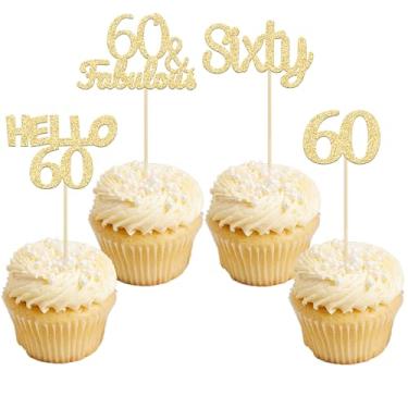 Imagem de Gyufise 24 peças de enfeites de cupcake de 60º aniversário com glitter dourado Hello 60 60 topos de bolo 60 e fabulosas palitos de cupcake, artigos de decoração de bolo de 60º aniversário