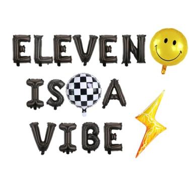 Imagem de KUNGOON Eleven is a Vibe Party Balloon Set, 16 inch Black Letter Balloons with Smiley Face, Checkered Ball, Lightning Bolt Decorations,Funny Hippie 11th Birthday Party Balloons,Black.(eleven)