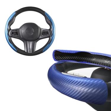Imagem de Capa de volante segmentada universal preta de fibra de carbono, capa de volante antiderrapante em forma de borboleta, General Motors 99%, durável e fácil de instalar (azul 2 peças)
