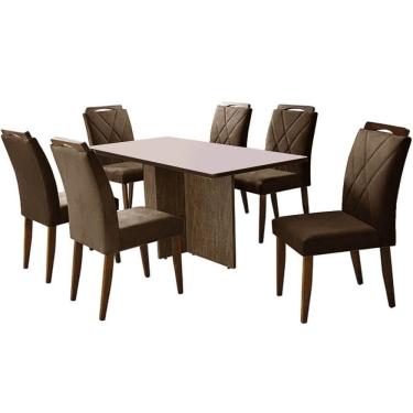 Imagem de Mesa de Jantar Los Angeles 160x80cm em Veludo com 6 Cadeiras California Minas Plac Cor Canela Off White com Tecido Marro