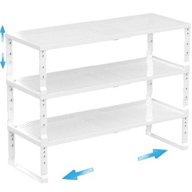 Imagem de Wobmmi Organizador de prateleira de armário de cozinha expansível para temperos, prateleiras de armazenamento empilháveis, prateleira de balcão ajustável para armários, bancadas, armários, despensa e muito mais (3 pacotes/branco/médio)