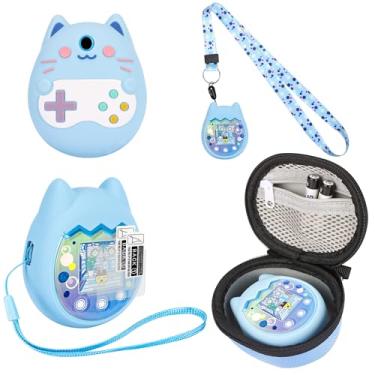 Imagem de Meetikar Estojo de transporte e capa de silicone compatíveis com máquina de jogo virtual Tamagotchi Pix, (5 em 1), capa de silicone para Tamagotchi Pix, com cordão de dedo e protetor de tela (azul)